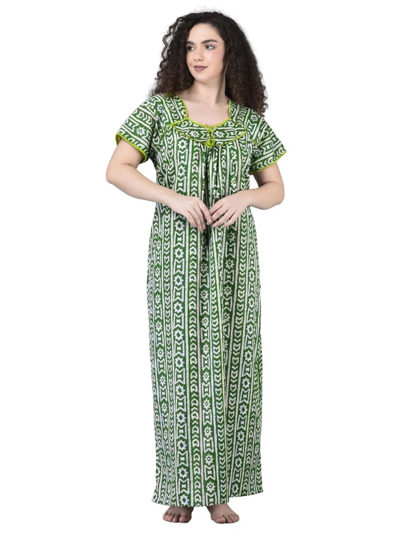 Noty Store Noty ® Girl's/Women's Cotton - Batik Print- Nighty/Nightwear/Maxi/Gown - Free Size (Olive Green, Free Size) - Image 1