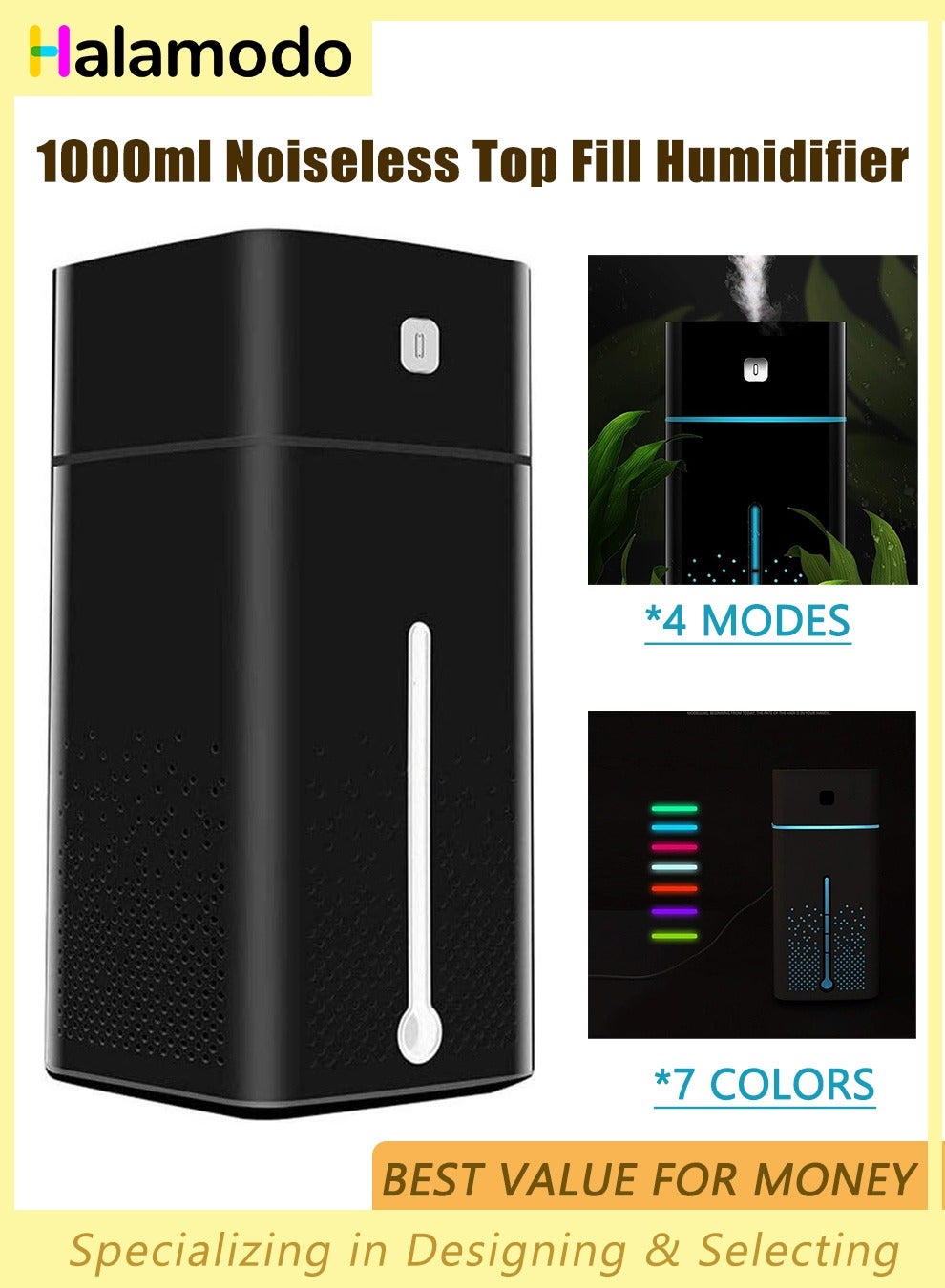 Humidifiers for Bedroom 1000ML, Cool Mist Humidifier, Top Fill Humidifier, Noiseless Auto Humidity, with 7 Colors Light and 4 Modes, BPA Free, for Baby Plants Bedroom, 3W