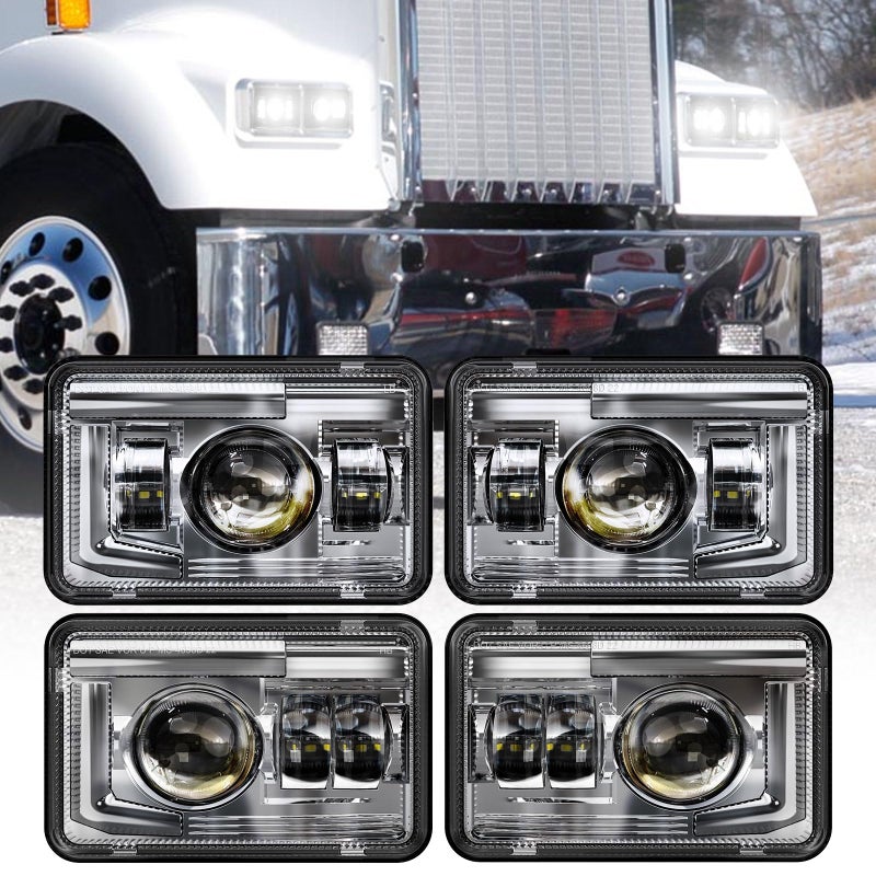 BICYACO 4 PCS DOT 4x6 Inch LED Headlights Rectangular Replacement H4651 H4652 H4656 H4666 H6545 Compatible with Peterbilt Kenworth Freightinger Ford Probe Oldsmobile Cutlass