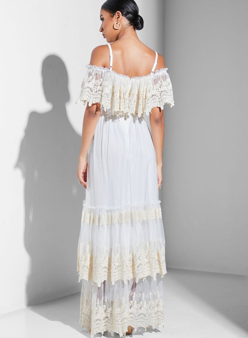 Strappy Bardot Ruffle Detail Dress