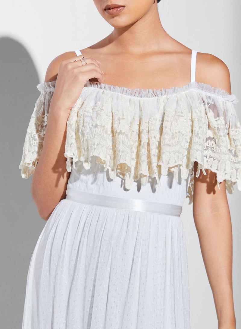 Strappy Bardot Ruffle Detail Dress