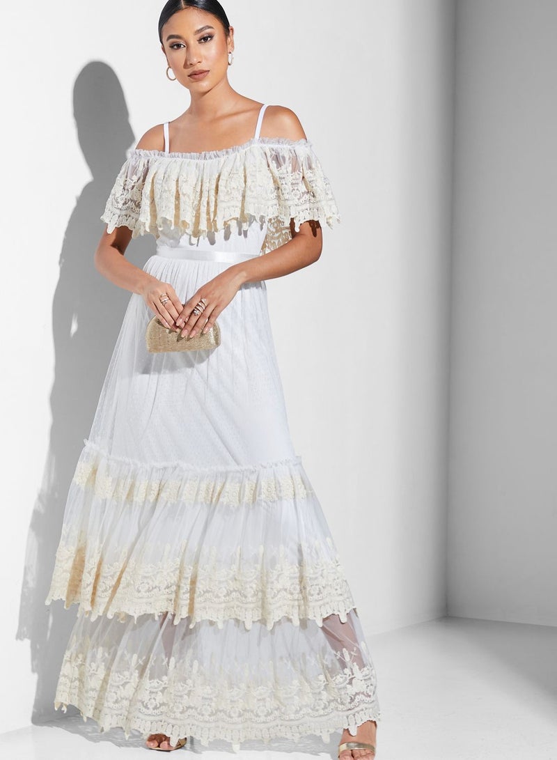 Strappy Bardot Ruffle Detail Dress