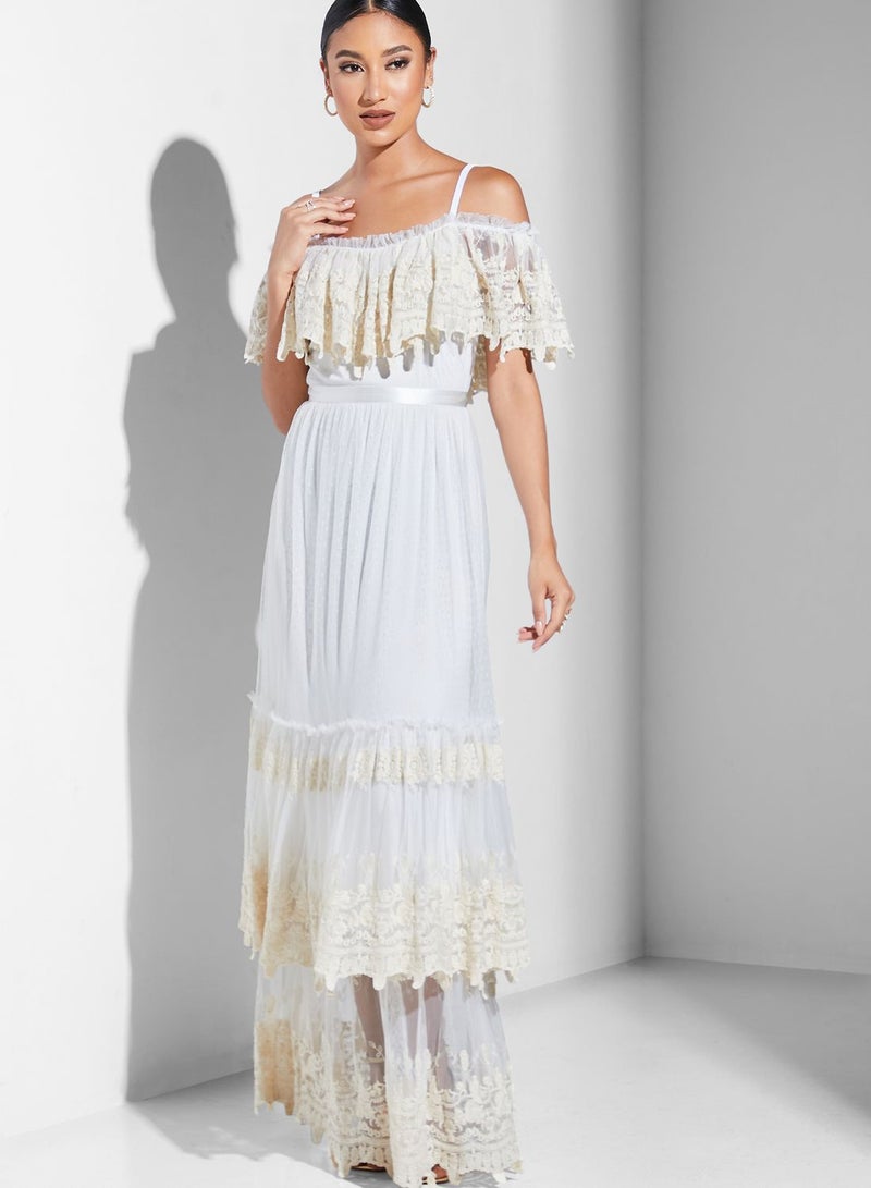 Strappy Bardot Ruffle Detail Dress