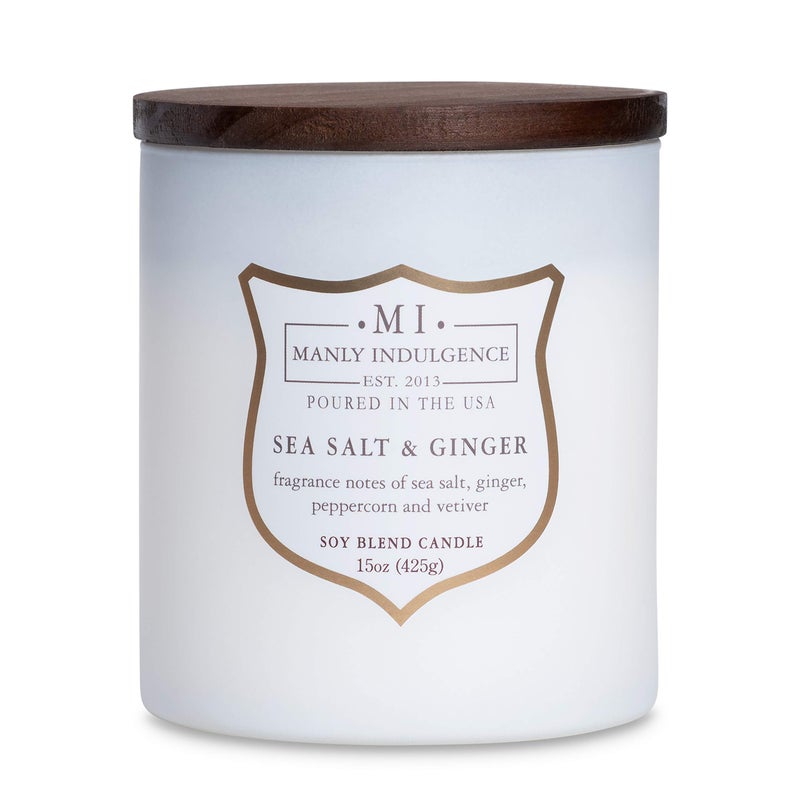Manly Indulgence Sea Salt & Ginger Scented Candles for Men, 15 oz Wooden Wick, Premium Soy Blend Wax, 60H Burn, Candles for Home Scented - Made in The USA - Image 1