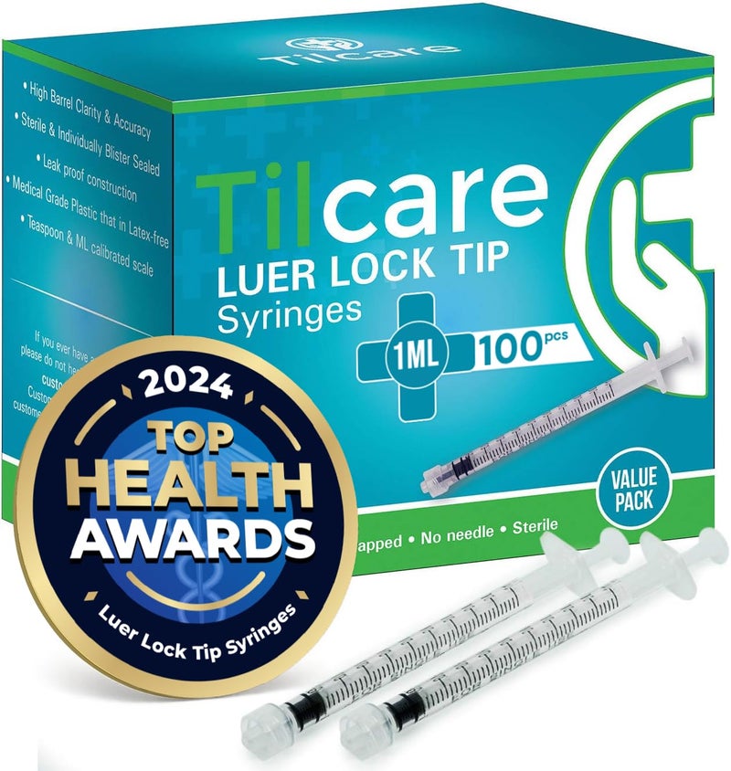 Tilcare 1ml Syringe Without Needle Luer Lock 100 Pack by Tilcare - Sterile Plastic Medicine Droppers for Children, Pets or Adults â€“ Latex-Free Oral Medication Dispenser - Syringes for Glue and Epoxy - Image 1