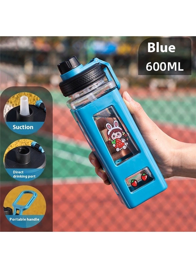 yongsheng Cute Square Water Bottle blue 600ml，Water Bottle With Straw Sport Plastic Portable Square Drinking Bottle For Girl Cute Juice Tea Water Cups  - Image 4