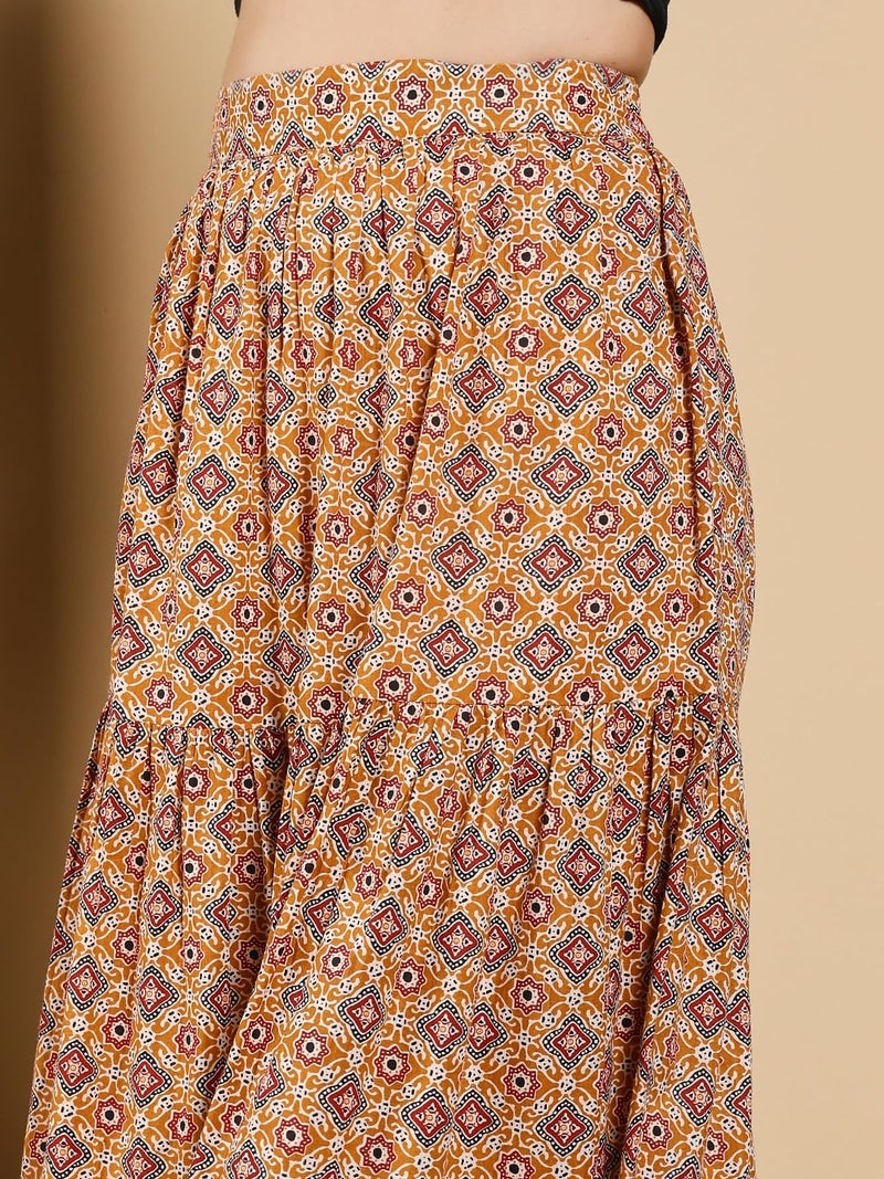 FIORRA Women's Mustard Yellow Printed Cotton Flared Skirt BTM033 - Image 5