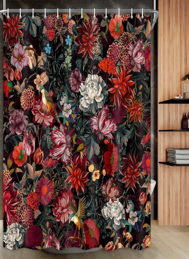 Drgilau Floral Shower Curtain, Vintage Floral Shower Curtain Set Rustic Flower Plants Bathroom Curtains, Waterproof Black Boho Bathroom Decor Curtains with 12 Hooks, 72X72 Inch - Image 4