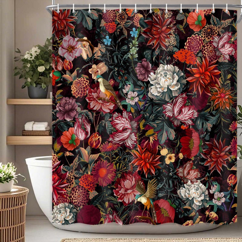 Drgilau Floral Shower Curtain, Vintage Floral Shower Curtain Set Rustic Flower Plants Bathroom Curtains, Waterproof Black Boho Bathroom Decor Curtains with 12 Hooks, 72X72 Inch - Image 1