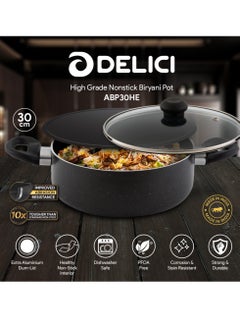 DELICI Dum Biriyani Pot 30CM Hammertone, Superior Aluminium Body, Non-Stick Granite Gray Coating, Tempered Glass Lid, Dishwasher Safe, PFOA Free, Eco-Friendly, Multipurpose Cooktop  - Image 2