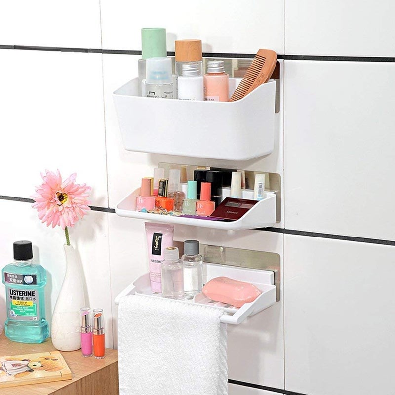 EMNDR 3 - Tier Self-Adhesive Shelf for Bathroom and Kitchen, Plastic Bathroom Storage Tray Shelf, Wall Hanging Rack with Towel Rail (White) - Attach Without Drilling - Image 1