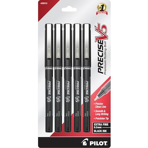 Pilot Precise V5 Rollerball Pens, Extra Fine Point 0.5 mm Black Pens, Black, Pack of 5 - Ideal for School, Journaling & Office Writing - Image 1