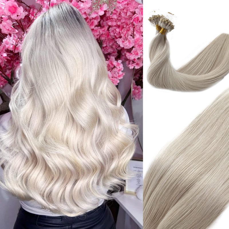 Smavida 24 Long Straight Remy Human Hair Extensions Microbeads Ice White Soft Micro Ring Loop 1g1s 50G for Women
