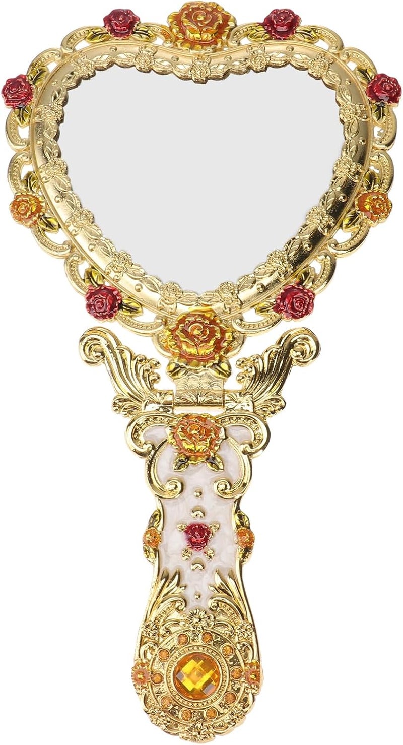 Beaupretty Hand Mirror Vintage Handheld Mirror Heart Shaped Travel Mirror Salon Barber Hairdressing Mirror Cosmetic Mirror for Pocket Purse Birthday Golden