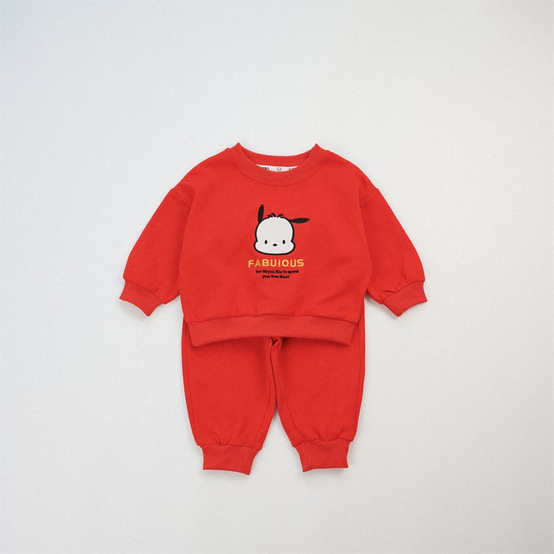 Japanese-style Cartoon Babys Autumn Clothes Class A Cartoon Childrens suit Embroidered Cute Sweatshirt Sweatpants Two-piece Set Red 