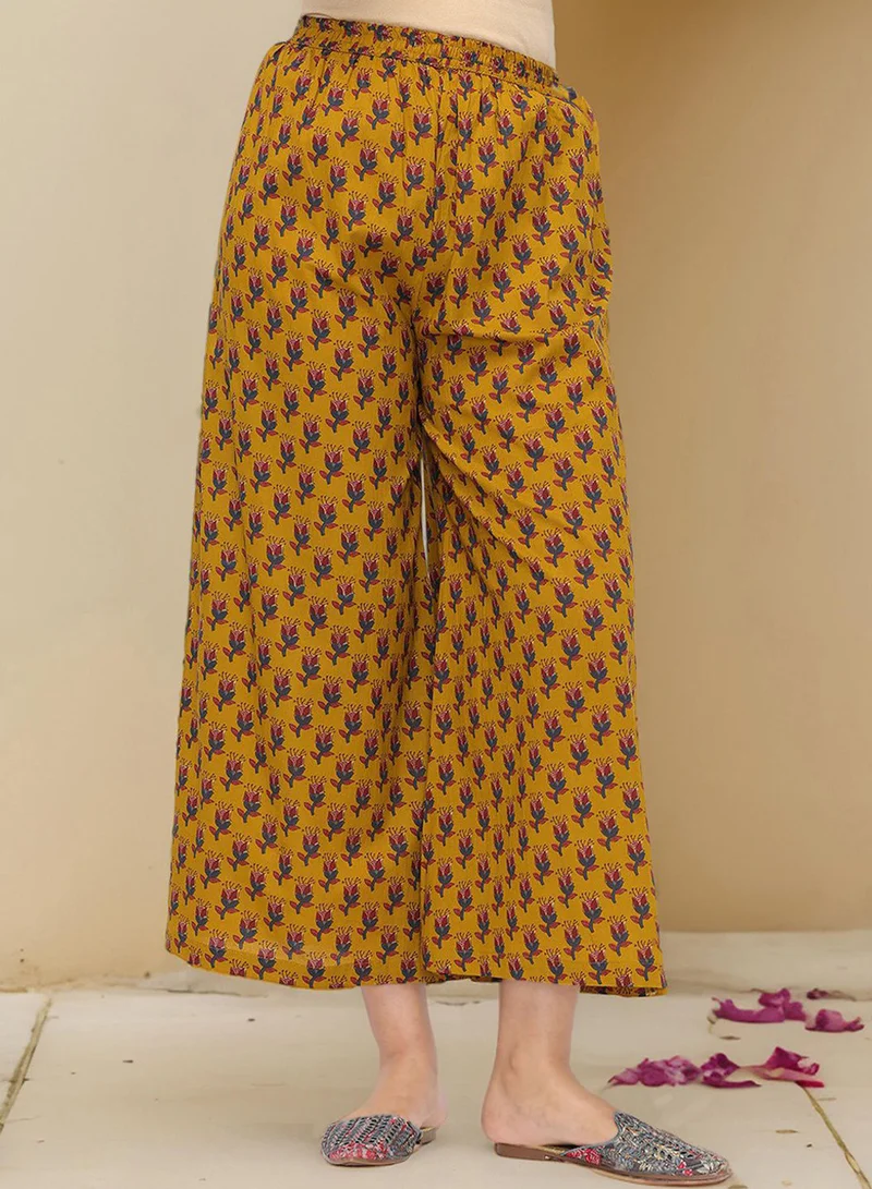 آي شين طقم كورتا نسائي قطن % لون خردلي مطرز طويل مع بنطلون بالازو مستقيم