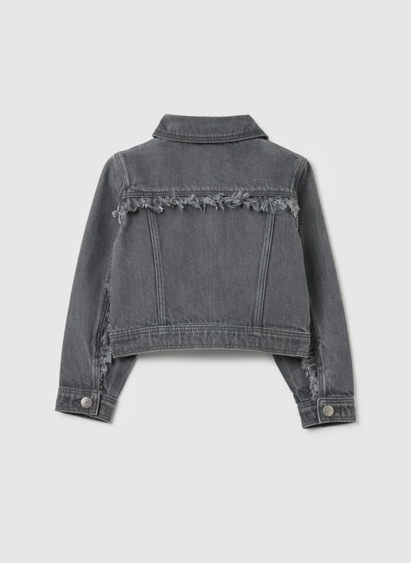 او في اس GIRL'S GREY PURE COTTON JACKET, REGULAR FIT, WITH FRAYED DETAILS