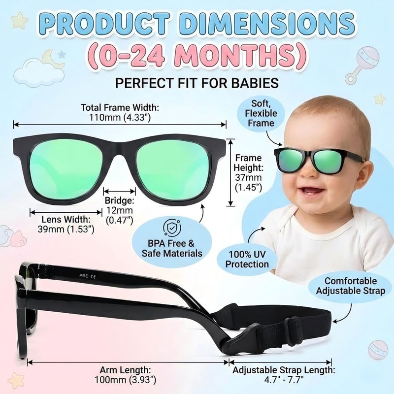GLARDEFE Polarized Baby Sunglasses with Strap - Unbreakable Infant Sunglasses for Newborn Toddler Boys Girls Age 0-12 Months(Black/Green Mirror) - Image 5