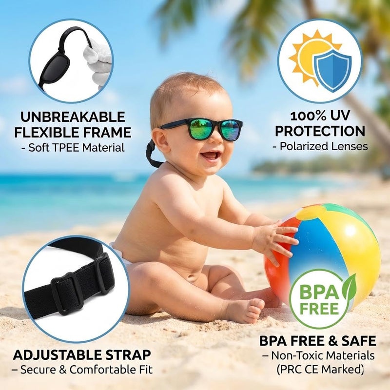 GLARDEFE Polarized Baby Sunglasses with Strap - Unbreakable Infant Sunglasses for Newborn Toddler Boys Girls Age 0-12 Months(Black/Green Mirror) - Image 2