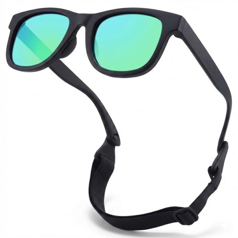GLARDEFE Polarized Baby Sunglasses with Strap - Unbreakable Infant Sunglasses for Newborn Toddler Boys Girls Age 0-12 Months(Black/Green Mirror) - Image 1