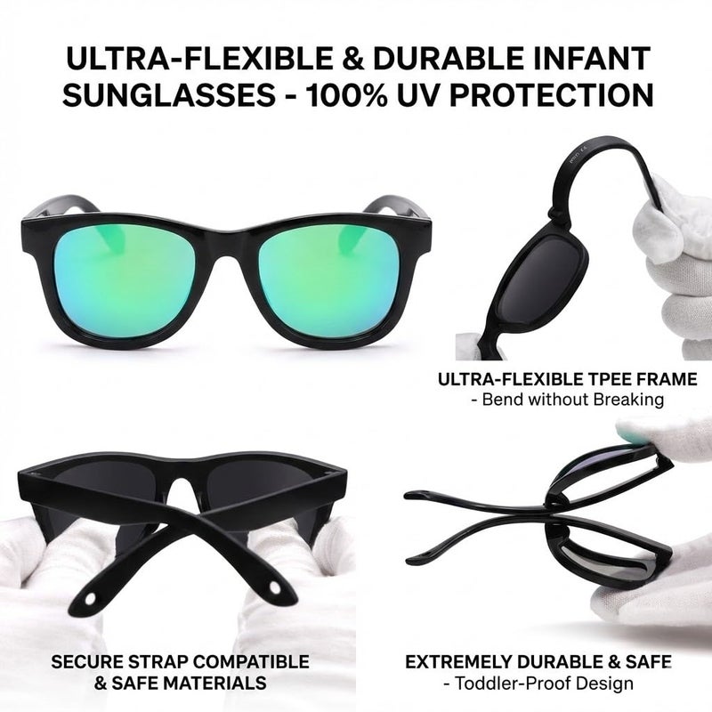 GLARDEFE Polarized Baby Sunglasses with Strap - Unbreakable Infant Sunglasses for Newborn Toddler Boys Girls Age 0-12 Months(Black/Green Mirror) - Image 3