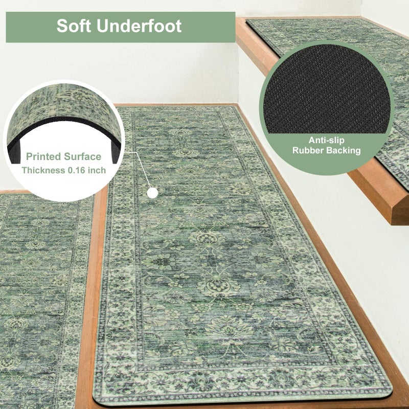 OJIA Extra Non-Slip Stair Treads for Wooden Steps, 30"X8" Indoor Stair Runners Slip Resistant Stair Rugs Safety Mats for Dogs, Kids & Elders, Rubber Backed Stair Treads Stair Covers, 15PC, Green - Image 2