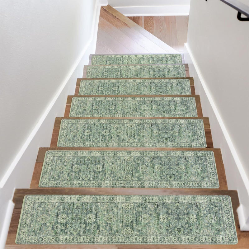 OJIA Extra Non-Slip Stair Treads for Wooden Steps, 30"X8" Indoor Stair Runners Slip Resistant Stair Rugs Safety Mats for Dogs, Kids & Elders, Rubber Backed Stair Treads Stair Covers, 15PC, Green - Image 1