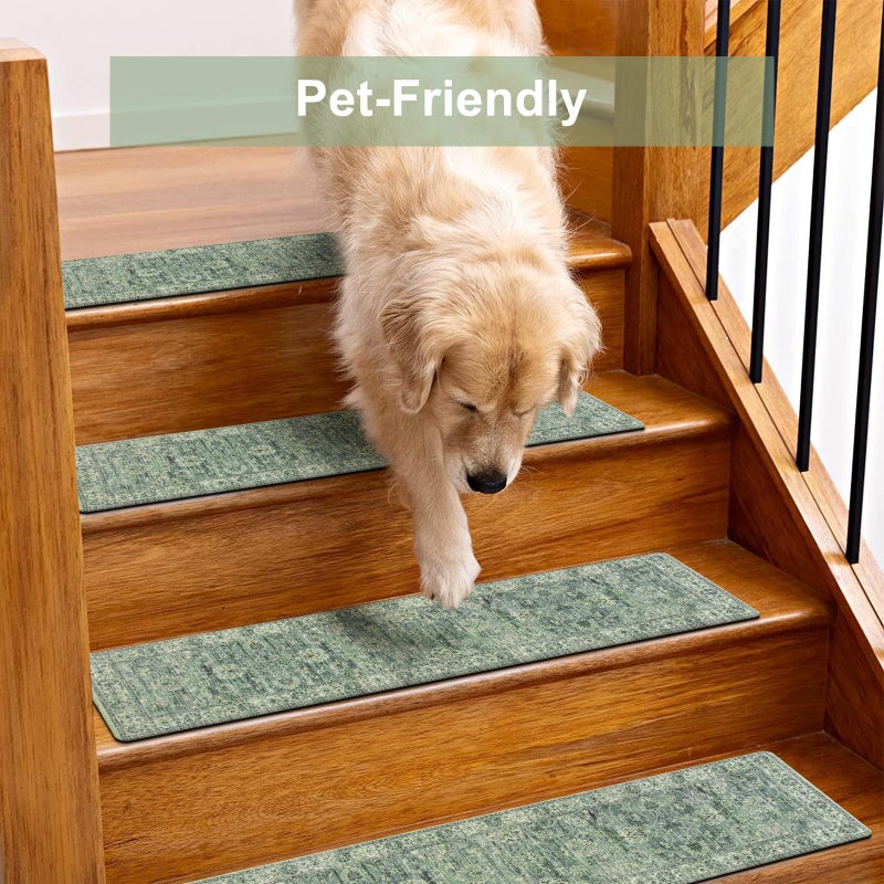 OJIA Extra Non-Slip Stair Treads for Wooden Steps, 30"X8" Indoor Stair Runners Slip Resistant Stair Rugs Safety Mats for Dogs, Kids & Elders, Rubber Backed Stair Treads Stair Covers, 15PC, Green - Image 5
