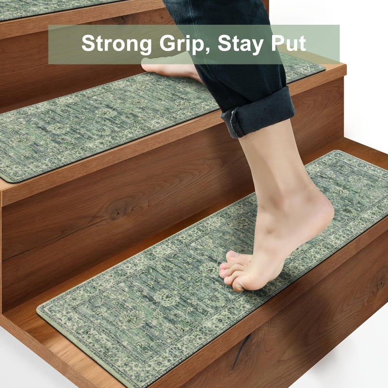 OJIA Extra Non-Slip Stair Treads for Wooden Steps, 30"X8" Indoor Stair Runners Slip Resistant Stair Rugs Safety Mats for Dogs, Kids & Elders, Rubber Backed Stair Treads Stair Covers, 15PC, Green - Image 3