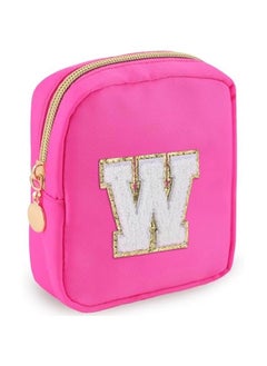 Initial Makeup Bag for Women Small Personalized Chenille Letter Nylon Cosmetic Bag for Purse Preppy Travel Cute Nylon Makeup Pouch Toiletry Makeup Organizer Bag for Birthday Gift(Hot Pink W)