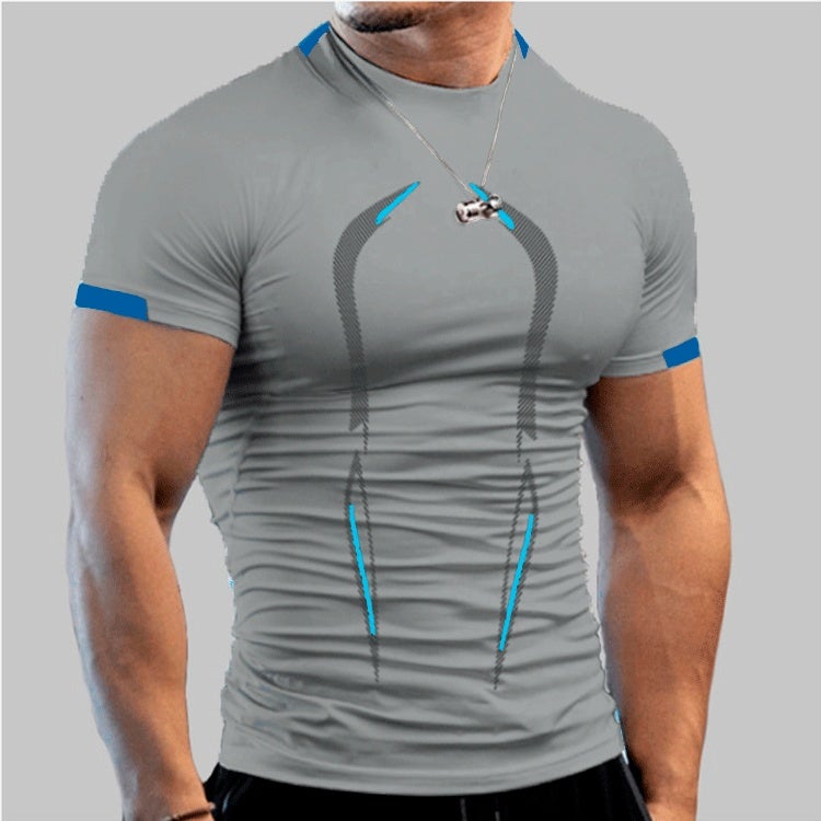 Summer men's fitness sports training breathable short-sleeved European size quick-drying clothes men's sports fashion short-sleeved T-shirt light grey L - Image 1