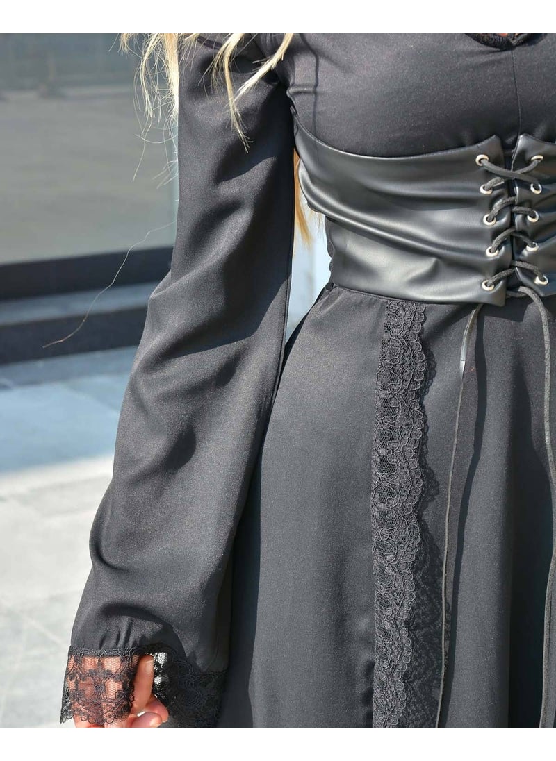 Due Stelle Women's Black Leather Corset and Lace Detailed Dress  - Image 2