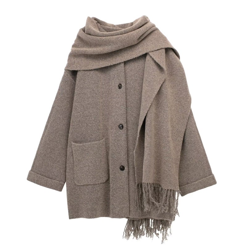 ZA Cross-Border Womens Fashionable Loose-Fit Casual Knit Jacket With Scarf Collar Autumn New Arrival Bulk Buy Brown 