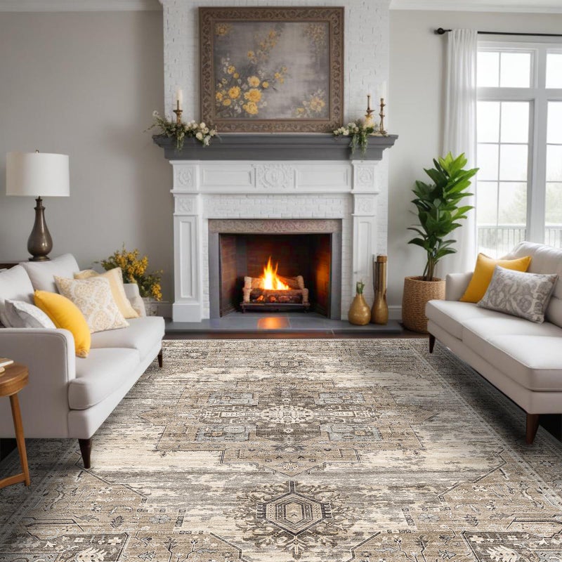 RUUGME Washable 9x12 Area Rug - Rugs for Living Room Bedroom Dining Room Non-Slip Vintage Rugs More Durable and Incredibly Soft Great Home Decor (9x12 Beige) - Image 1