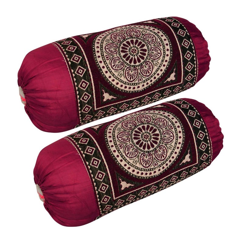 HSR Collection Chenille Velvet Luxury Round Bolsters Covers (32 x 16, Maroon) - Set of 4 - Image 2