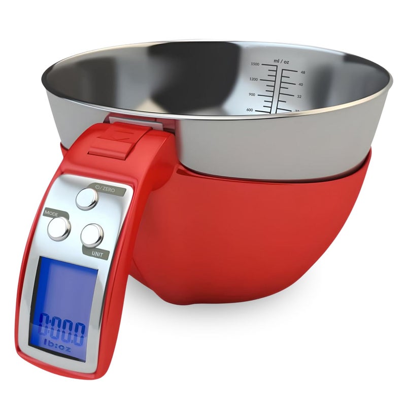 Fradel Digital Kitchen Food Scale with Bowl  11lb Grams  Ounces  Removable DishwasherSafe Mixing Bowl  Red