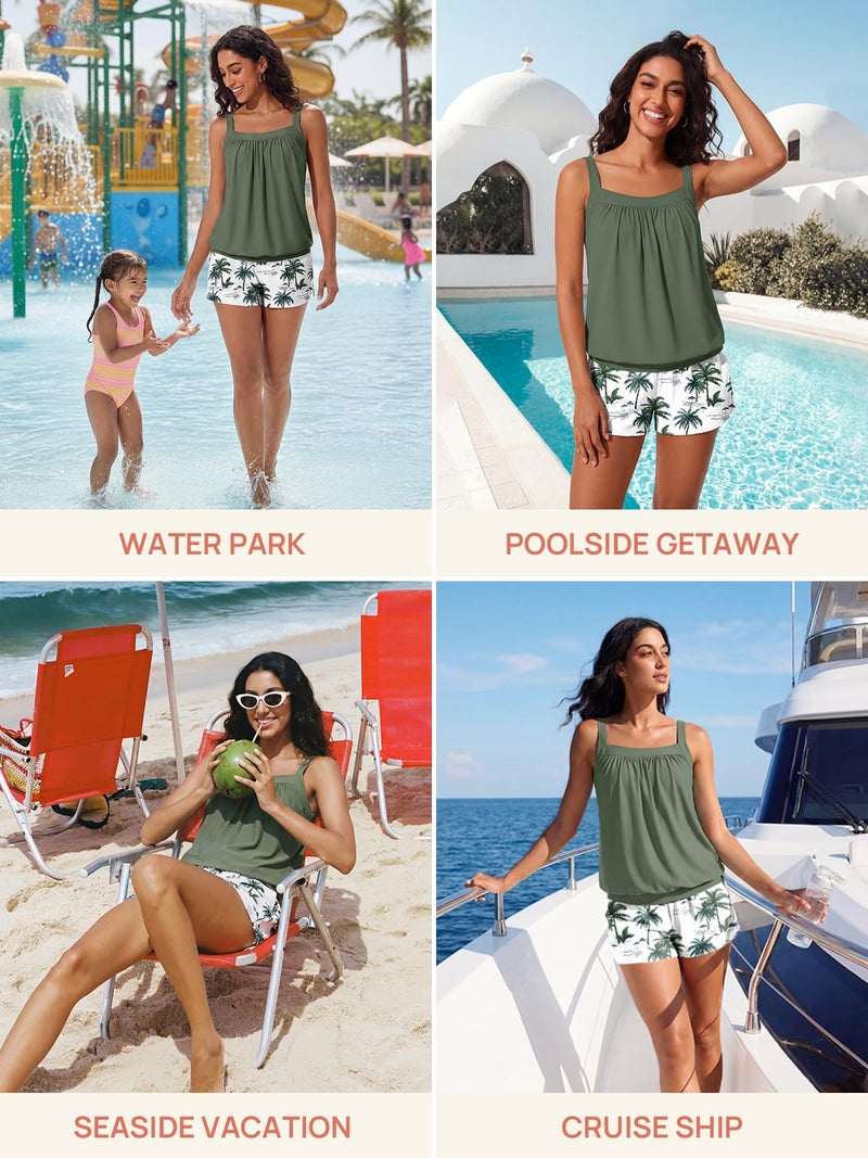 Summer Mae Blouson Womens Tankini Swimsuits 2026 Modest Tummy Control Bathing Suits Swim Shorts with Pockets for Beach Green Shadow Size 12 - Image 4