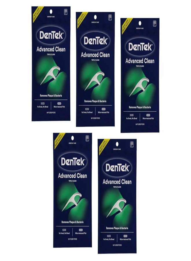 DenTek Advanced Clean Triple Clean Floss Picks, No Break No Shred Floss, Removes Plaque, Dental Flossers for Oral Care, 90 Count (Pack of 5 - Image 1