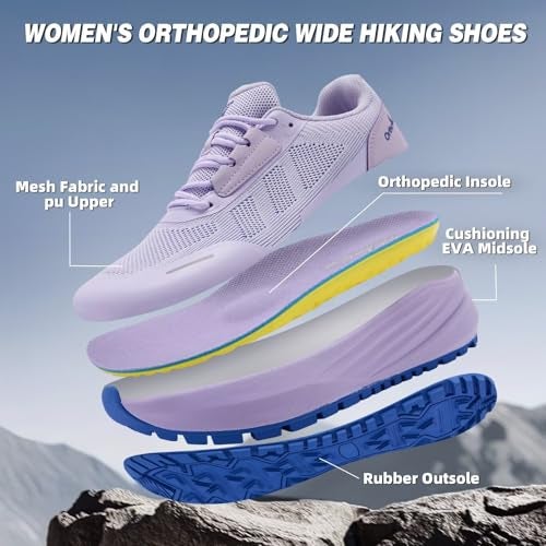 OrthoComfoot Women's Orthopedic Wide Walking Shoes: Stylish Arch Support Orthotic Flat Feet Plantar Fasciitis Heel Spur Trekking Shoes, Breathable Outdoor Camping Driving Trail Sneakers Purple Size 8 - Image 4