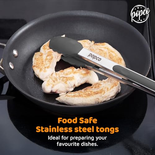 Popco 3-Piece Kitchen Tongs Set – Stainless Steel Heat Resistant Silicone Tips, Strong Comfort Grip, 3 Sizes (7, 9, 12 Inch), Non-Scratch, Dishwasher Safe, for Cooking, BBQ, Salad - Image 2