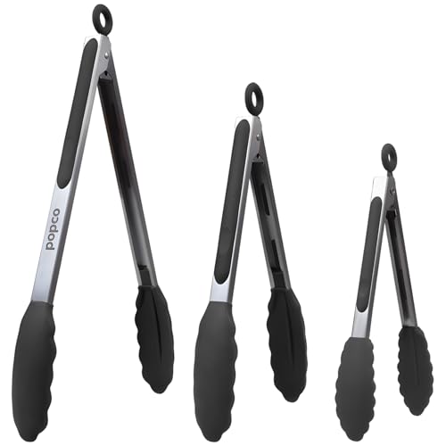 Popco 3-Piece Kitchen Tongs Set – Stainless Steel Heat Resistant Silicone Tips, Strong Comfort Grip, 3 Sizes (7, 9, 12 Inch), Non-Scratch, Dishwasher Safe, for Cooking, BBQ, Salad - Image 1
