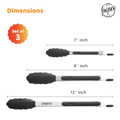 Popco 3-Piece Kitchen Tongs Set – Stainless Steel Heat Resistant Silicone Tips, Strong Comfort Grip, 3 Sizes (7, 9, 12 Inch), Non-Scratch, Dishwasher Safe, for Cooking, BBQ, Salad - Image 3