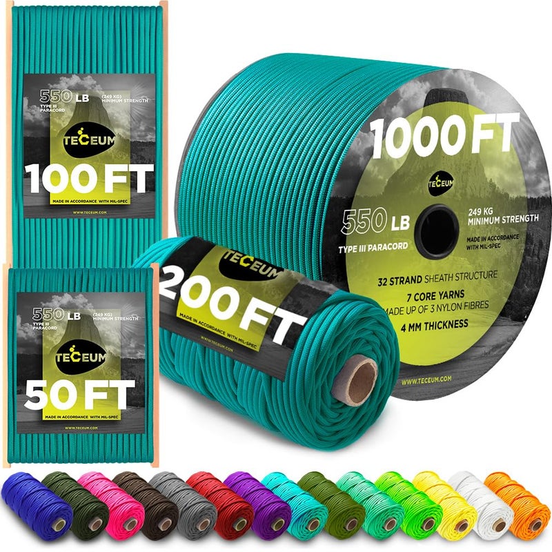 Teceum Paracord Type Iii 550 Green Wave - 100 Ft - 4Mm - Tactical Rope Mil-Spec - Outdoor Para Cord -Camping Hiking Fishing Gear And Equipment - Edc Parachute Cord - Strong Survival Rope 460 - Image 1