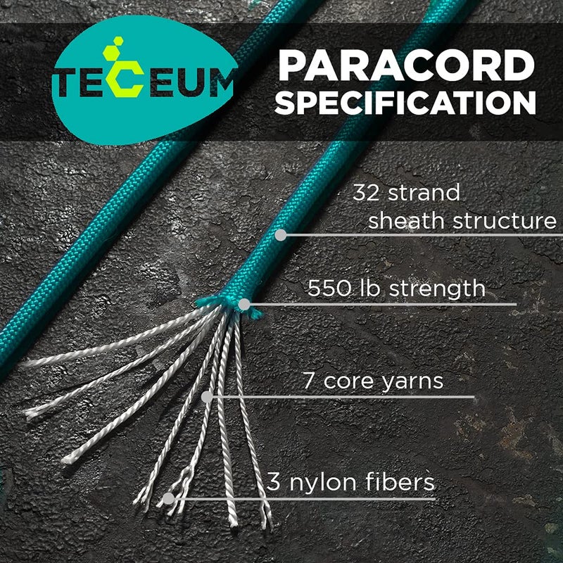 Teceum Paracord Type Iii 550 Green Wave - 100 Ft - 4Mm - Tactical Rope Mil-Spec - Outdoor Para Cord -Camping Hiking Fishing Gear And Equipment - Edc Parachute Cord - Strong Survival Rope 460 - Image 2