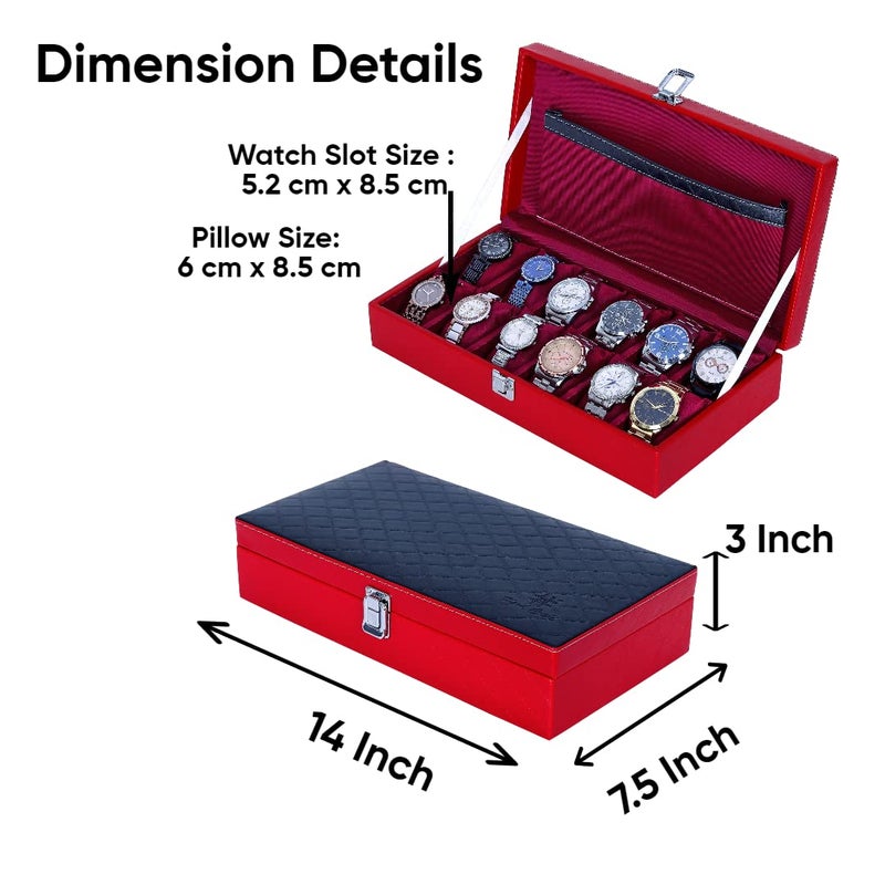 Hard Craft Watch Organiser Box Collection Case Holder | 12 Slots PU Leather Storage Box For Men Women | Removable Watch Pillows | Exquisite Look Black Red Barfi - Image 4