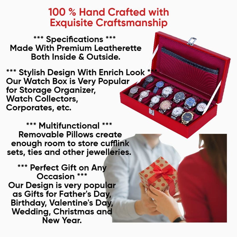 Hard Craft Watch Organiser Box Collection Case Holder | 12 Slots PU Leather Storage Box For Men Women | Removable Watch Pillows | Exquisite Look Black Red Barfi - Image 5