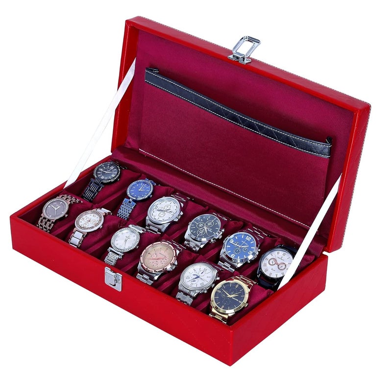 Hard Craft Watch Organiser Box Collection Case Holder | 12 Slots PU Leather Storage Box For Men Women | Removable Watch Pillows | Exquisite Look Black Red Barfi - Image 2