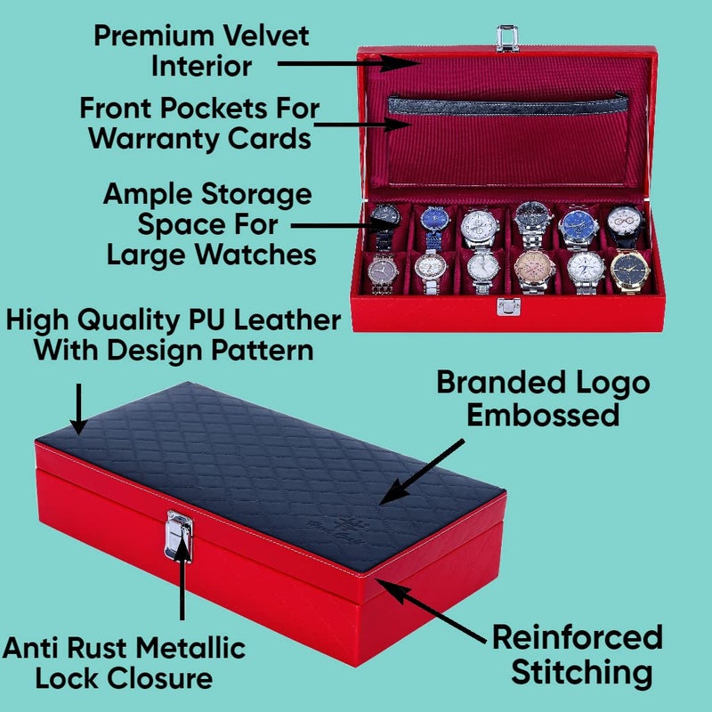 Hard Craft Watch Organiser Box Collection Case Holder | 12 Slots PU Leather Storage Box For Men Women | Removable Watch Pillows | Exquisite Look Black Red Barfi - Image 3
