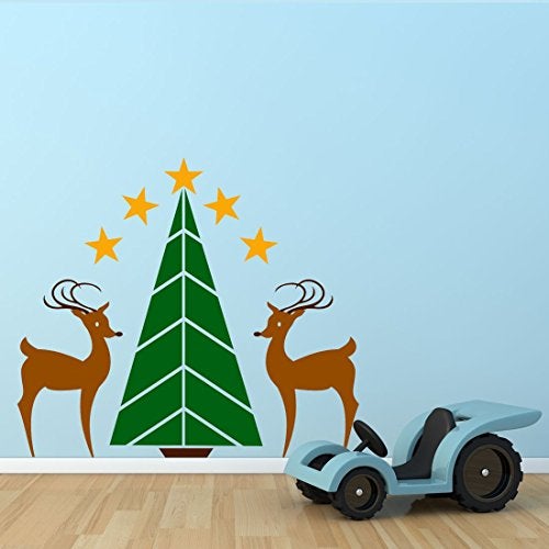 Asian Paints Wall-Ons, 'Christmas Tree with a Reindeer and Stars' Decal, DIY Removable Peel and Stick UV Printed Wall Sticker - 'Covers H 1 ft x W 2.5 ft', Home Décor - Image 1