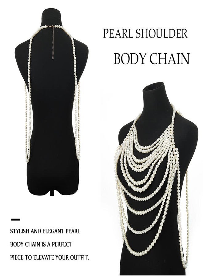 Aiosy Pearls Body Chain Bra Sexy Shawl Necklace Pearl Tops Halter Shoulder Chain Beaded Backless Chest Chains Rave Body Jewelry Festival Party Summer Beach (Sleeveless) - Image 5